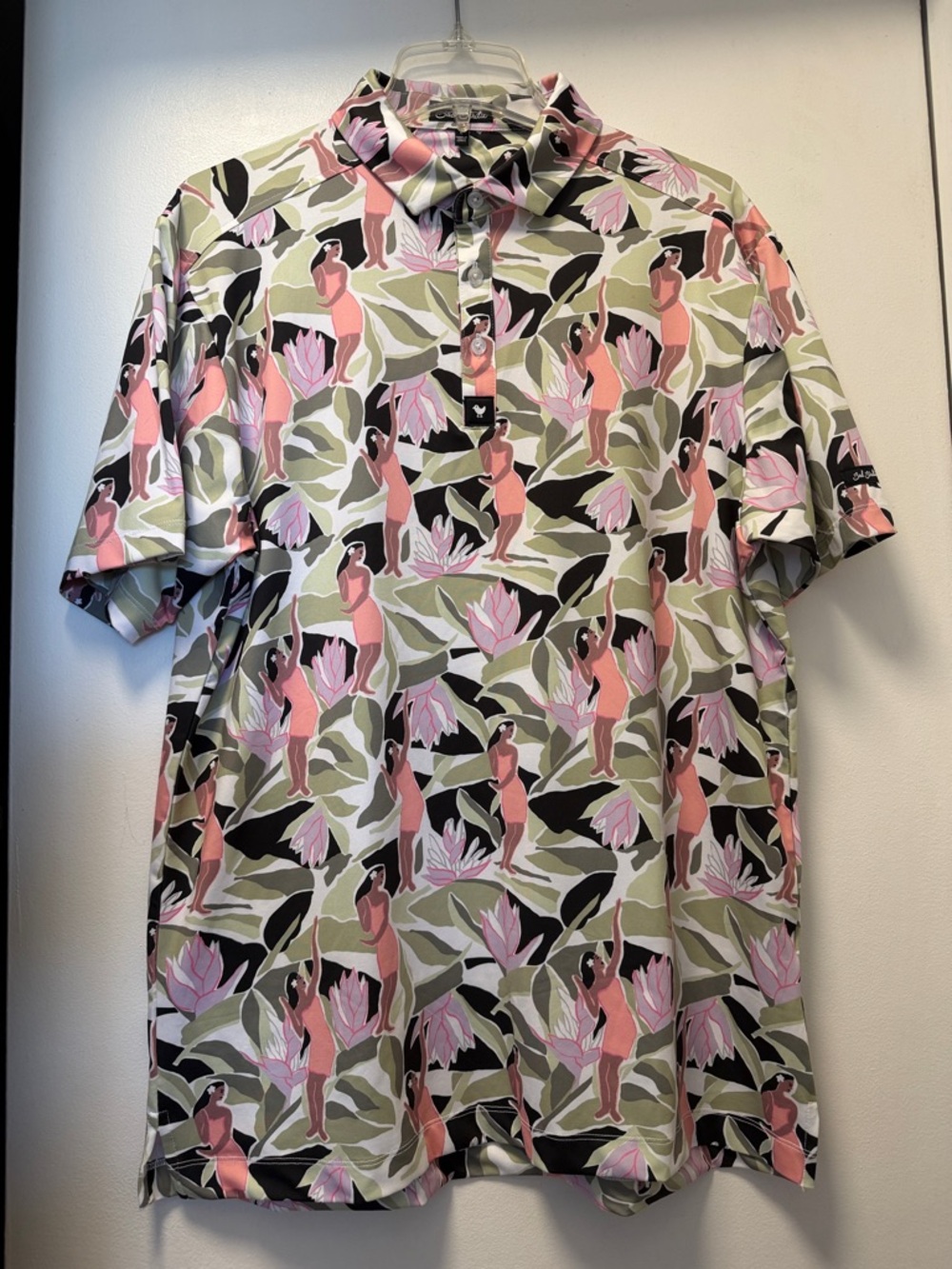 Bad Birdie Golf Polo "Leilani" Men's Size Large - Hula Girl Tropical Print GUC